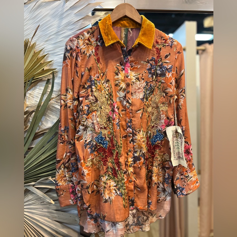 ARATTA Silent Journey NWT Multicolor Gardenia Embroidered Floral Blouse Shirt